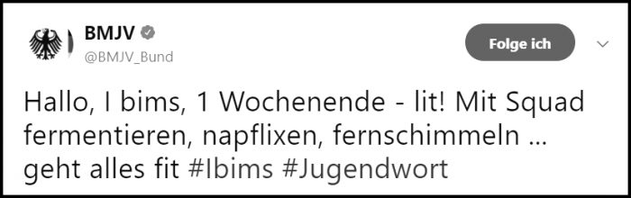 Tweet Bundesjustizministerium zum Jugendwort 2017