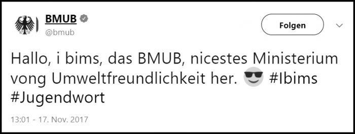 Tweet Bundesministerium für Umwelt, Naturschutz, Bau & Reaktorsicherheit zum Jugendwort 2017