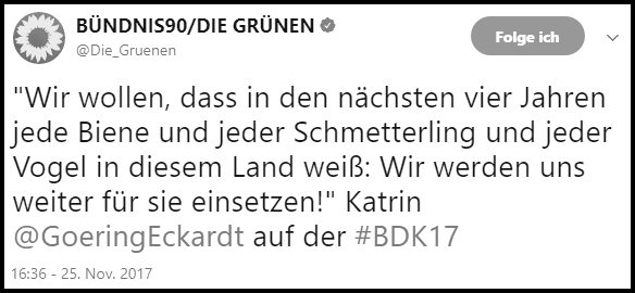 Twitter: Bündnis90/Die Grünen setzen sich für Biene, Schmetterling, Vogel ein