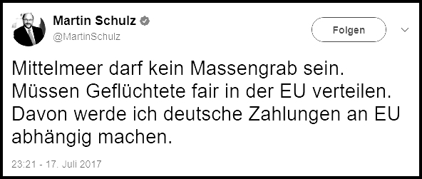 Screenshot: Martin Schulz Abhängigkeit deutscher Zahlungen an EU in Flüchtlingskrise (www.twitter.de)